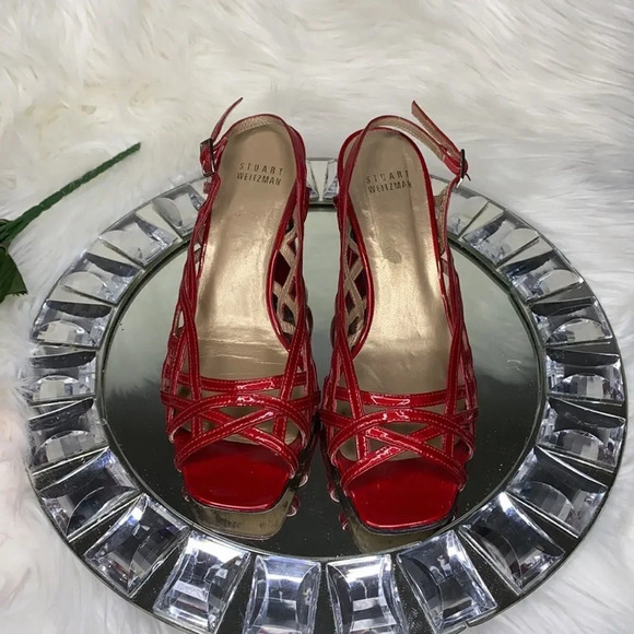 Stuart Weitzman Red Patent Cut Out Leather Open Toe Sandal Heels - Picture 2 of 7